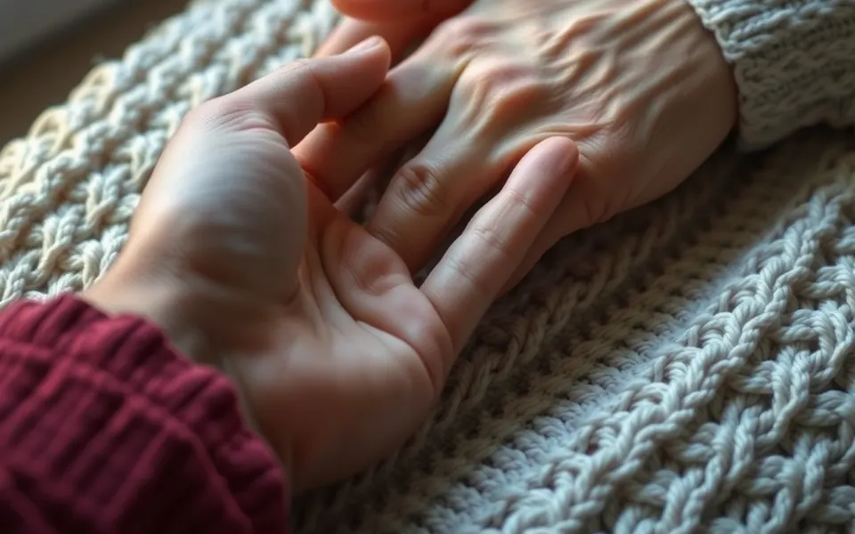 Une main tient doucement celle d'une personne âgée, sur une couverture en laine