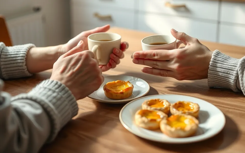 Deux personnes parlent autour d'un café et de pastéis de nata