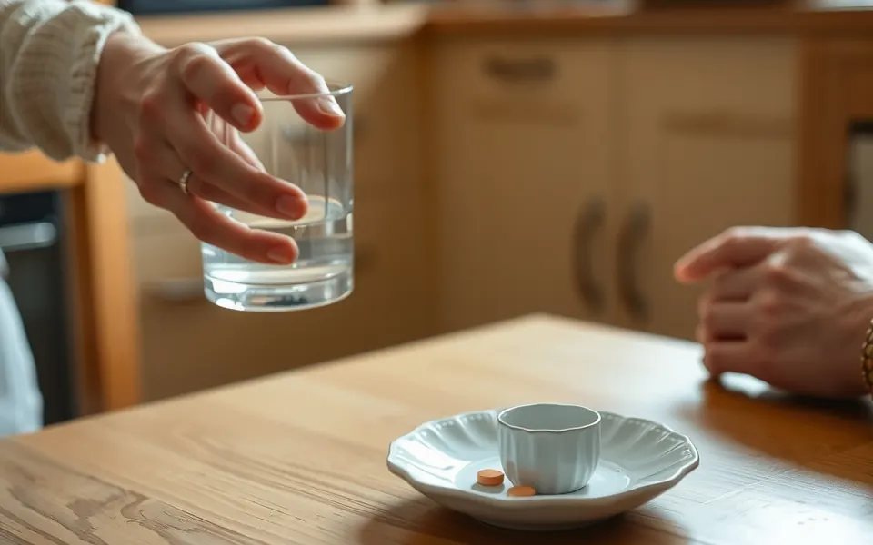 Une main tend un verre d'eau, à côté d'une coupelle de médicaments préparés
