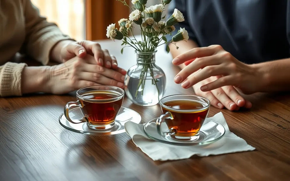 Deux paires de mains autour de tasses de thé, sur une table de cuisine